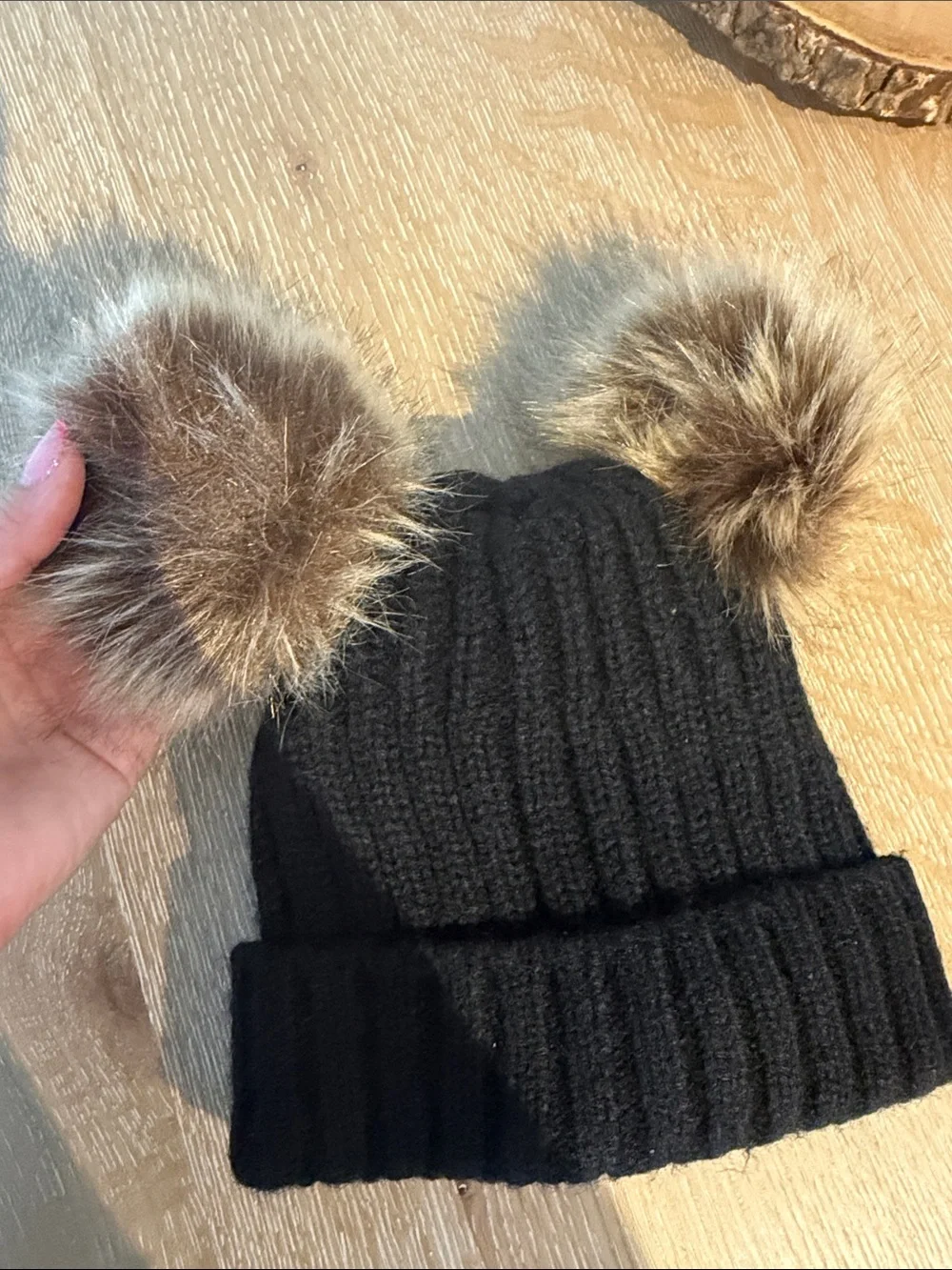 Kids Black Knit Beanie with Faux Fur Pom Poms